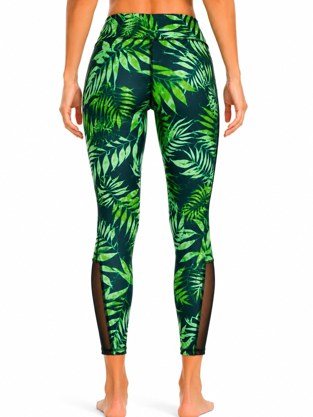 Green Tropical Leaf High-Waist Mesh-Inset Leggings SIZE Large - Picture 2 of 5